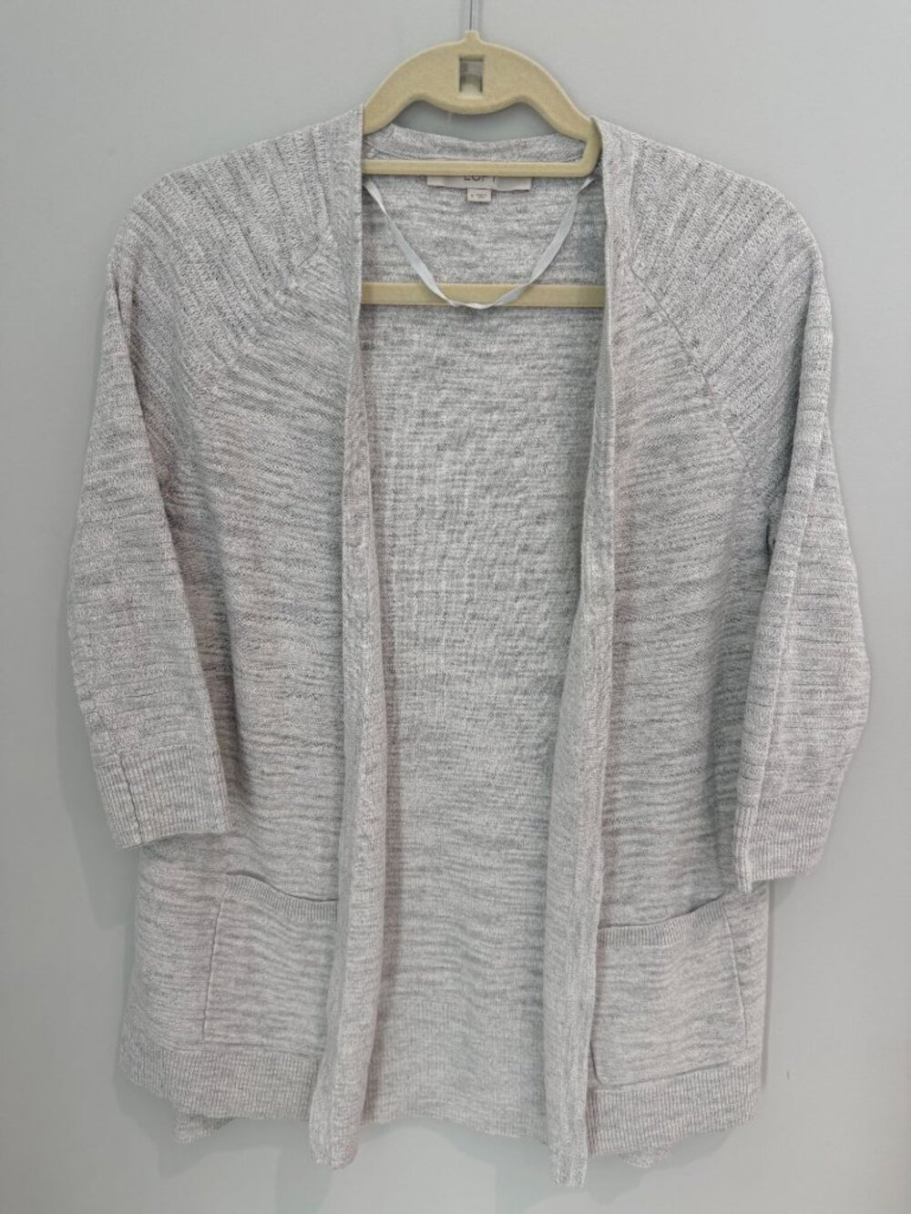 LOFT Open Front Gray Marled Knit Cardigan Sweater Size Small Pocket Open Weave
